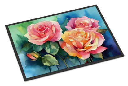 NEW New York Roses in Watercolor Doormat Front Door Mat Indoor Outdoor Rugs for Entryway, Non Slip Washable Low Pile, 18H X 27W