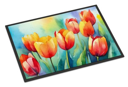 NEW Tulips in Watercolor Doormat Front Door Mat Indoor Outdoor Rugs for Entryway, Non Slip Washable Low Pile, 18H X 27W