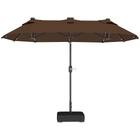 Double-sided Outdoor Patio Umbrella With Solar Lights And Base, Dining Table Umbrella Push Button Tilt, Coffee (Color: Coffee)