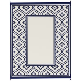 Reversible Outdoor Rug, Waterproof Plastic Straw With Carry Bag, 8 X 10, Blue & White Gourd Border (Color: Blue)