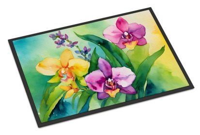 NEW Orchids in Watercolor Doormat Front Door Mat Indoor Outdoor Rugs for Entryway, Non Slip Washable Low Pile, 18H X 27W (Default: Default)